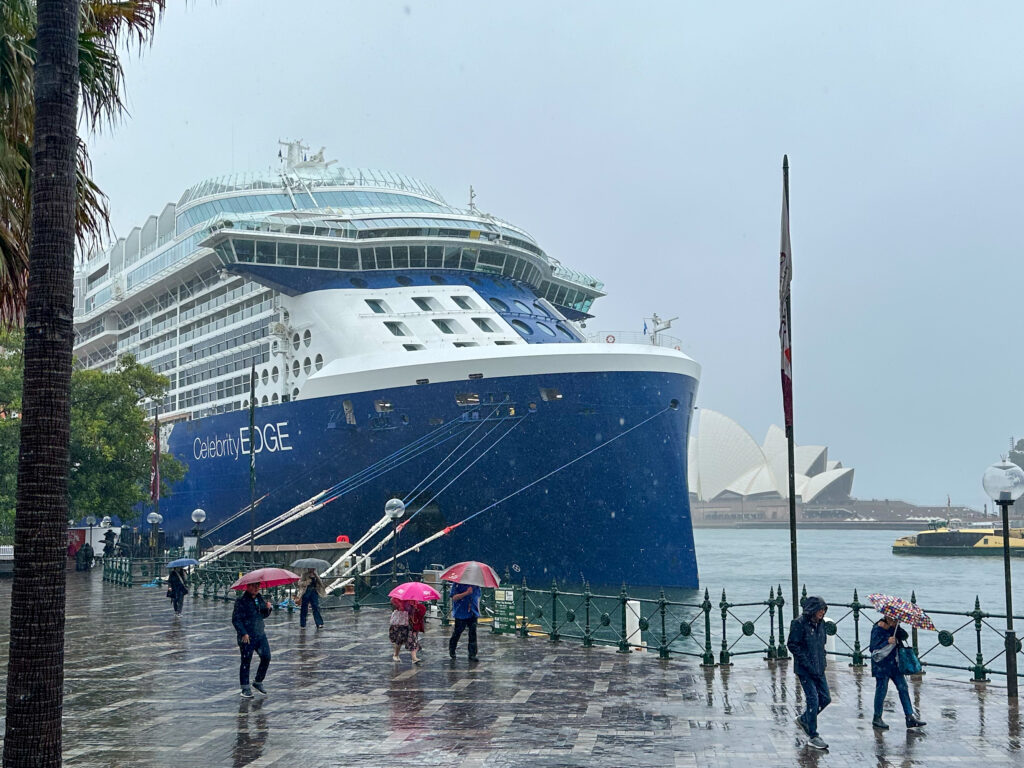 Celebrity Edge docked at Circular Quay for a cruise from Sydney on a rainy day